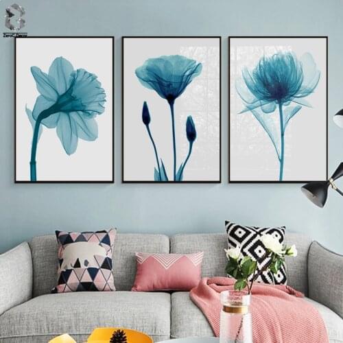Nordic Canvas Painting Flowers Poster Blue Floral Wall Art Print for Modern Living Room Pictures Bedroom Decoration