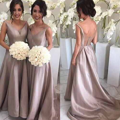 Dusty pink bridesmaid dresses 2020 deep v neck a line satin floor length long maid of honor dresses wedding guest dresses