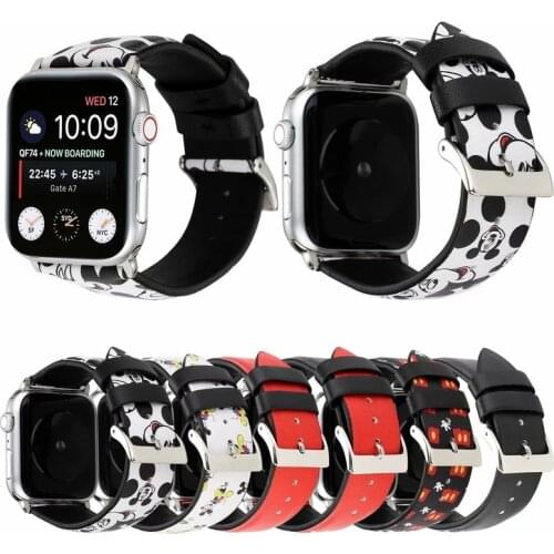 Disney Mickey Genuine Leather Apple Watch Strap 44mm 40mm 42mm 38 mm Printed Cartoon Strap Bracelet for IWatch Series SE/6/5/4/3