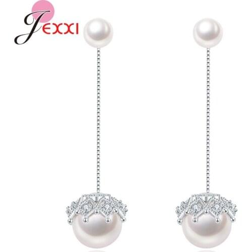 Trendy Long Two Pearl 925 Sterling Silver Drop Earring For Women Party Birthday Exquisite Cubic Zirconia Rhinestone Jewelry Gift