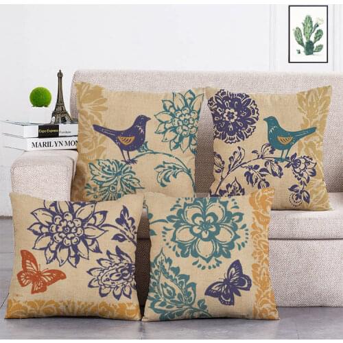 Vintage Flower Linen Cushion Decorative Living Room Kids Cushion Cover Flower Bird Pillow Cover Sofa New Variety T57