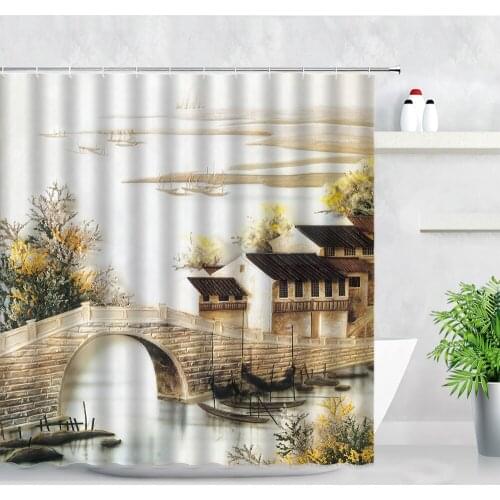 Chinese Style Country Oil Painting Shower Curtains House Arch Bridge Water Boat Printing Waterproof Bathroom Decor Curtain Sets