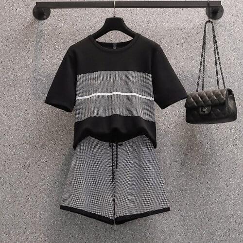 Plus Size O-Neck Short-sleeved Outfit+Hot Shorts Women Summer 2pcs Casual Sets 2021 New Fashion Knitting T-shirt Top Shorts Set