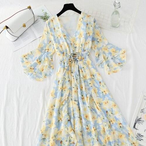 Women Sweet Floral Print Short Sleeve Midi Dress 2021 Summer Vintage V-Neck Chiffon Vestidos Women Casual Dresses Ladies H1502