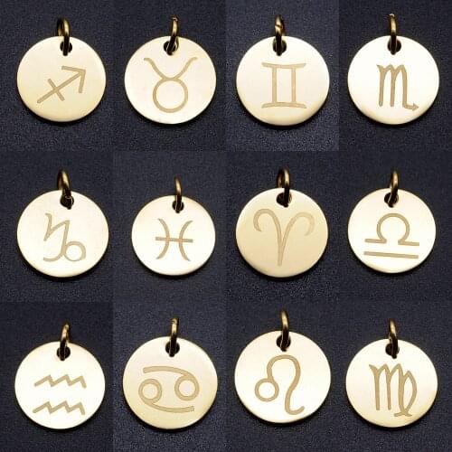 Gold color 12 Constellation Zodiac Sign diy Charms 100% Stainless Steel Charm Never Rust for Necklace Charm
