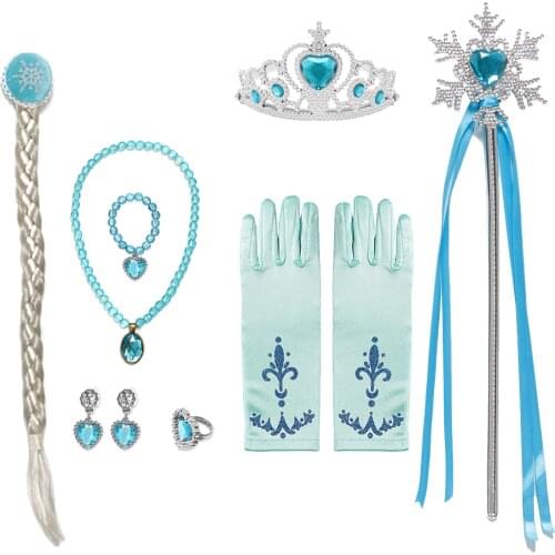 Girls Elsa Accessories Gloves Wand Crown Jewelry Set Elsa Wig Braid for Princess Dress Clothing Cosplay Snow Queen 2 Accessories