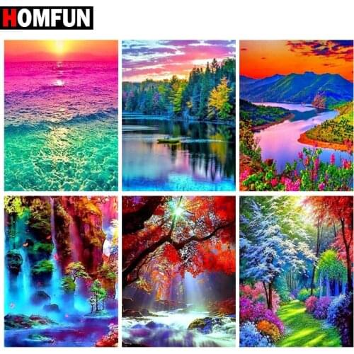 HOMFUN 5d Diamond Painting Full Square/Round "Woods color lake" Picture Of Rhinestone DIY Diamond Embroidery Home Decor