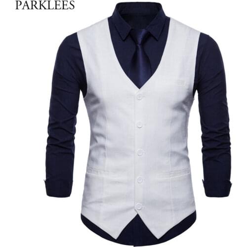 White Mens Casual Suit Vest Slim Fit Single Breasted Sleeveless Waistcoat Men Business Wedding Groom Tuxedo Vests Gilet Homme