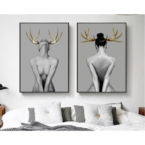 Black and white character minimalist elk antler girl abstract art Nordic decorative painting high definition frameless core