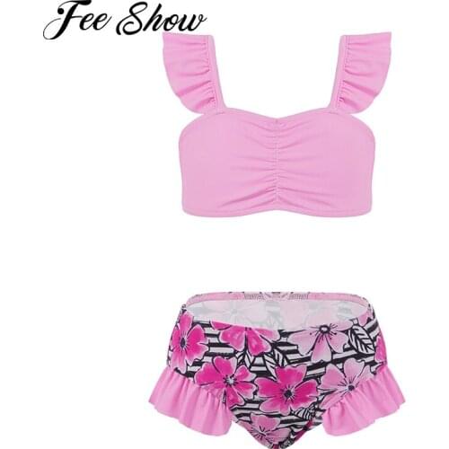 Kids Children Girls Summer Swimwear Swimming Suit Straps Ruched Front Ruffle Trim Crop Tops and Briefs Set Beach Bathing Outfit