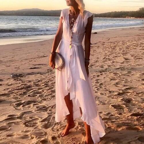 Spring Elegant V Neck Irregular Maxi Dress Summer Solid Ruffle Beach Dresses Belt Women Casual Butterfly Short Sleeve Long Dress