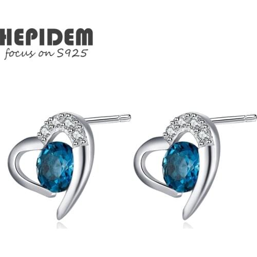 HEPIDEM 100% Really Topaz Stud Earrings Women 925 Sterling Silver Korean Natural Blue Gemstones Gift Fine Jewelry H006