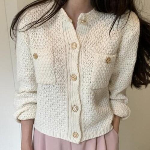 ZAWFL 2021 Chic Vintage O-neck Double Pockets Sweaters Exquisite Button Coat Autumn Winter Loose All-match Knitted Cardigans