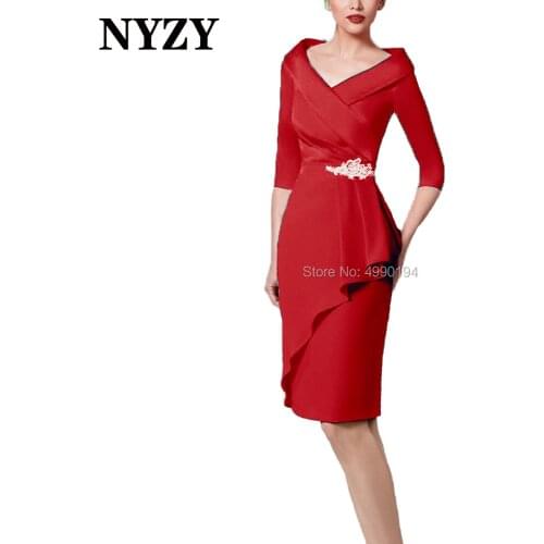 Red Mother of the Bride Dresses NYZY M255R vestido coctel Satin Knee Length 3/4 Sleeves Formal Dress Wedding Party Dress
