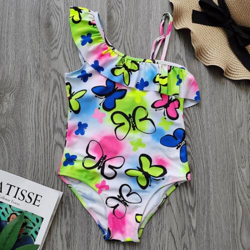 Ruffle Girl Swimsuit Kids One Piece Butterfly Print Childrens Swimwear One Shuolder Girls Bathing Suit Swim Monokini Beachwear