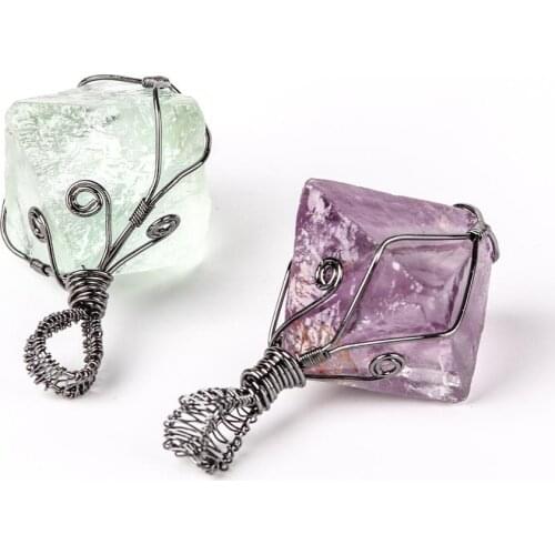 Natural Octagonal Green Fluorite Handmade Wire Wrapped Healing Reiki Crystal Pendant Unique Design charms Necklace For Men Women