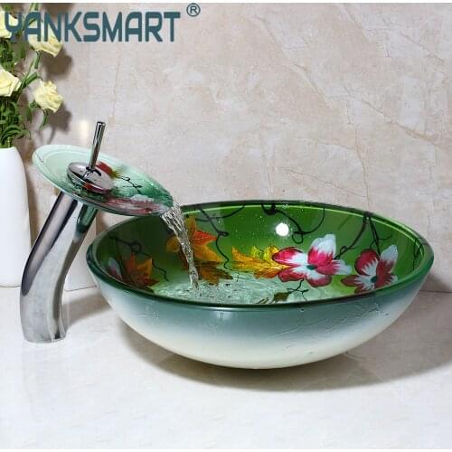 Flower Painting Basin Bowl Countertop Washbasin Sink Luxury Style Tempered Glass Basin Bowl