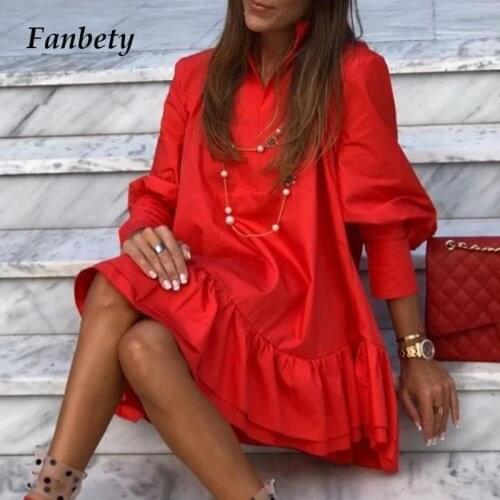 Sexy V-Neck Ruffle Women Dress Solid Fashion Elegant Lantern Sleeve Loose Mini Dress Autumn Vintage A-Line Party Dress Vestidos