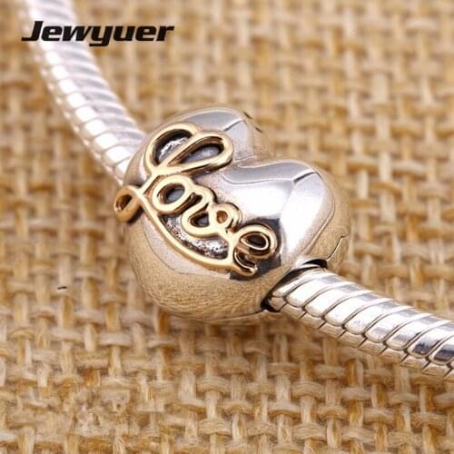 Valentines Day hearts charms 925 sterling silver jewelry with gold love clip bead fit bead bracelets diy for women GD076