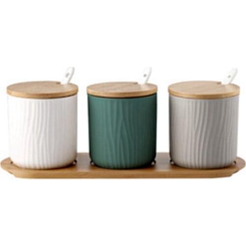 Nordic Ceramic Seasoning Pot with Wooden Lid and Spoon Storage Container Seasoning Pot Ceramic Seasoning Rack