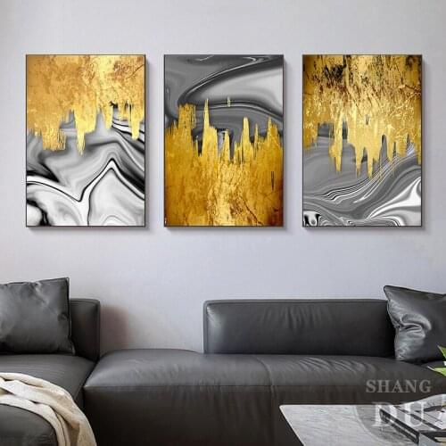 Nordic Modern Gold Foil Grey Liquid Canvas Painting Poster Print for Living Room Decorative Wall Art Picture Bedroom Home Decor