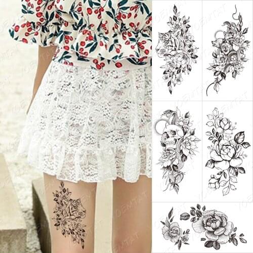 Waterproof Temporary Tattoo Sticker Tiger Lotus Tatto Crane Fox Line Flower Rose Elephant Body Art Arm Fake Sleeve Tatoo Women