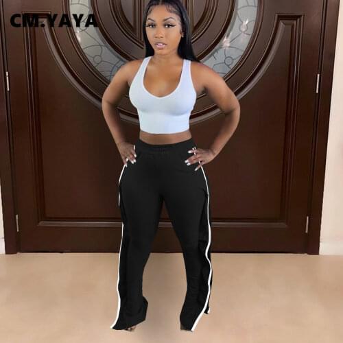 CM.YAYA Women Pant Elastic Mid Waist Patchwork Stretchy Skinny Bodycon Flare Pants Fashion Casual Trouser Summer 2021