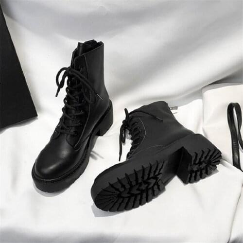 Women Motorcycle Boots Platform Shoes Female Wedges Ankle Boots Lace Up PU Leather Female Boots Autumn Winter High Heels