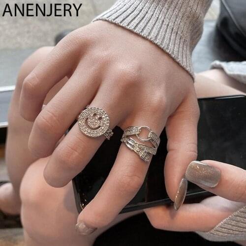 ANENJERY Vintage 925 Sterling Silver Micro Zircon Belt Smiling Face Open Rings for Women Personality Party Jewelry Gifts