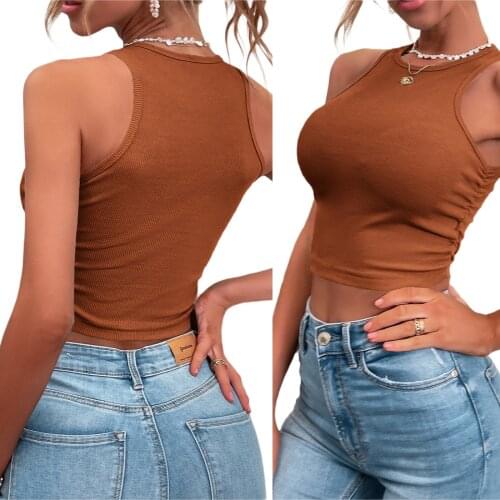 Women Summer Tops Tanks Sleeveless Round Neck Crop Knitting Wrap Chest Solid Color Vest 2021 New Fashion