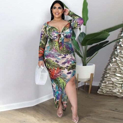 ZJFZML ZZ Women Clothing Dress Plus Size Leaves Print Long Sleeve Side High Split Party Club Dresses Dropshipping Wholesale