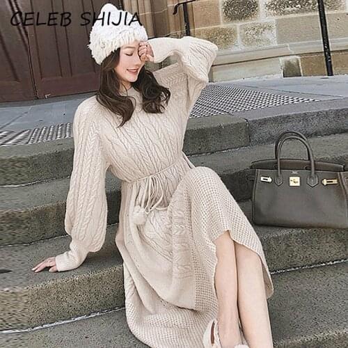 2021 New Autumn O-neck Knitted Dress for Woman Apricot Slim Waist Lantern Sleeve Maxi Dress Sweater Female Korean Fashion Winter