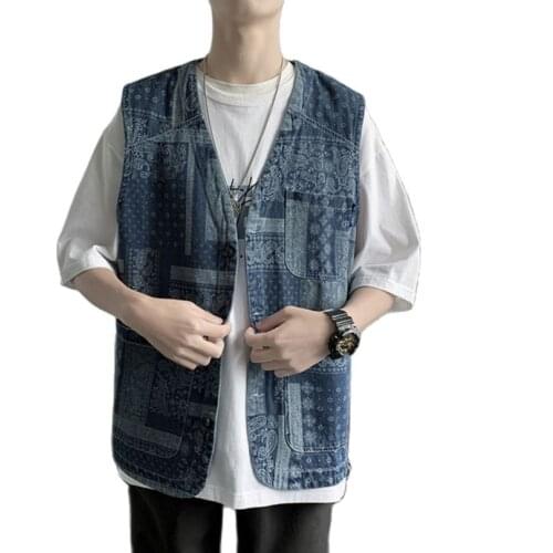 Spring Summer Vest Men Bandana Printed V Neck Sleeveless Outwear Loose Vintage Multi Pocket Cargo Tops Paisley Clothing 2021