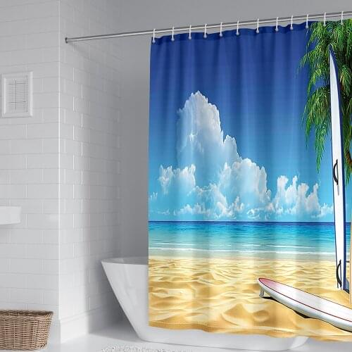 3D Printing Marine Beach Lifelike Landscape Curtain Waterproof Fabric Machine Washable Bathroom Curtain with Hook Accessories
