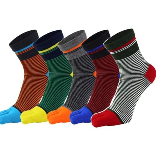 5 Pairs High Quality Cotton Toe Socks for Men Boys Colorful Stripe Mid Calf Five Fingers Patchwork Crew Sokken calcetines hombre