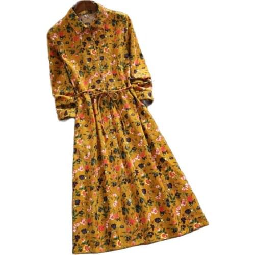 6 Colors Women Corduroy Floral Midi Dress Long Sleeve Boho Retro Elegant Casual Korean Runway Vestido Leopard Spring Autumn 2021
