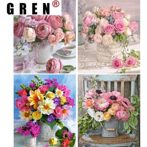 GREN DIY 5D Diamond Painting Flower Vase Rose Cross Stitch Kit Full Drill Round Embroidery Mosaic Picture Rhinestones Home Decor