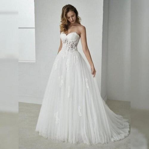 White Lace Tulle Sweetheart Strapless Princess A-Line Wedding Dresses Sweep/Brush Train Bridal Gowns Custom Made