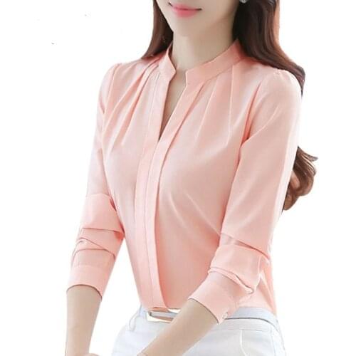 Women Casual Long Sleeved Chiffon Blouse Female Sexy V-neck Shirt Lady Office Slim Tops