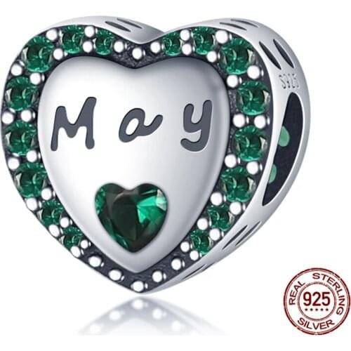 2021 New 100% Real 925Sterling Silver Emerald May Heart Shape Beads Fit Original 3mm Bracelet&Bangle Women Fashion Jewelry Gift