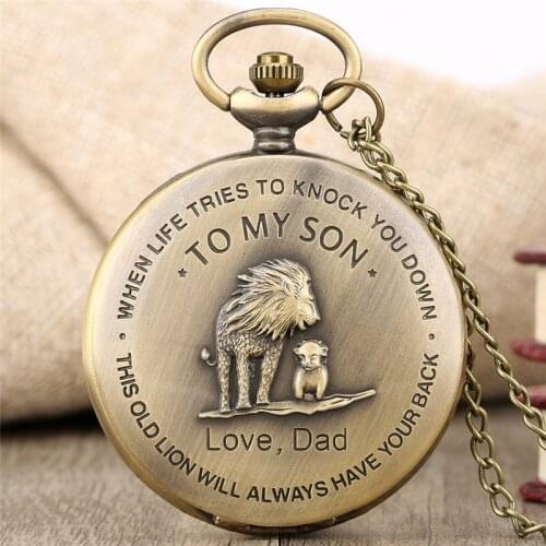 Bronze Retro Pocket Watch To My Son with Lion Pattern Antique Quartz Analog Watches Fob Clock Necklace Chain for Boy Kid Gift