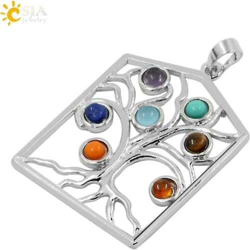 CSJA 2016 Reiki 7 Chakra Stone Beads Energy Healing Point Dowsing Charm "The Chakras Theory" Tree Life Pendant Jewelry Gift E069