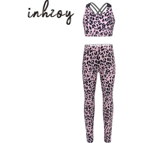 Kids Girls Pink Tracksuit Leopard Print Crop Top Pants Leggings Sports Suits Sets Children Ballet Gymnastics Fitness Dance Wear