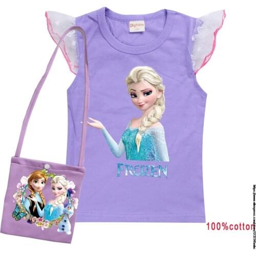 Disney Frozen Elsa girls cotton short-sleeved T-shirt +bag girls flying sleeves cotton top Childr summer fashion Casual clothing