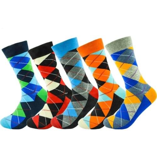Classic Casual Men Socks Fashion Colorful Diamond Lattice Design Plaid Happy Socks Business Party Dress Cotton Socks Men