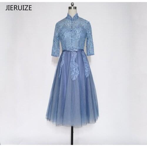 JIERUIZE Grey Lace Appliques Beaded Short Evening Dresses Knee Length 3/4 Sleeves Formal Dresses Mother of the Bride Dresses