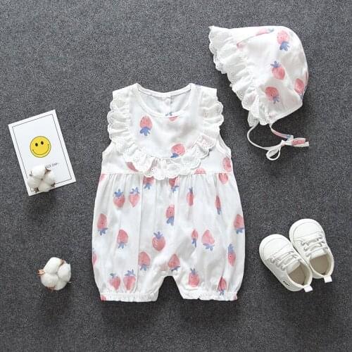 Fashion Summer Jumpsuit Lace hat baby outfit dress Sweet baby girl Cartoon Cotton Clothes newborn baby costume toddler romper