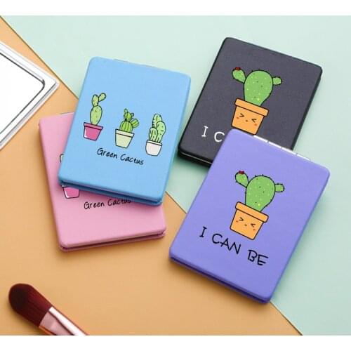 Cartoon Cactus Mini Makeup Mirrors with 2 Face Funny Letter Magnifying Cosmetic Pocket Compact Vanity Mirror Facial Care Tools