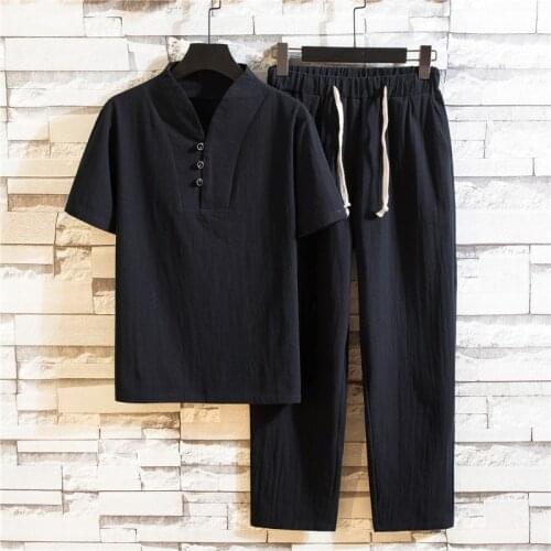 Chinese Style Mens Summer Cotton And Linen Plus Size 2Pcs Sets Short Sleeve V-Neck T-Shirts Drawstring Waist Ankle Length Pants