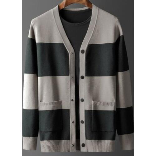 2021 classic Men Autumn Knitwear Cardigan Outerwear Youth Striped Sweater V-neck Casual Computer Knitted Plus Size MLXL2XL3XL4XL